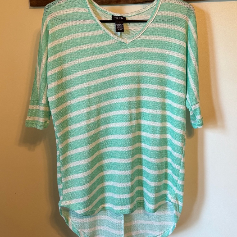 Rue21 Aqua and White Striped Long Sleeve Tee
